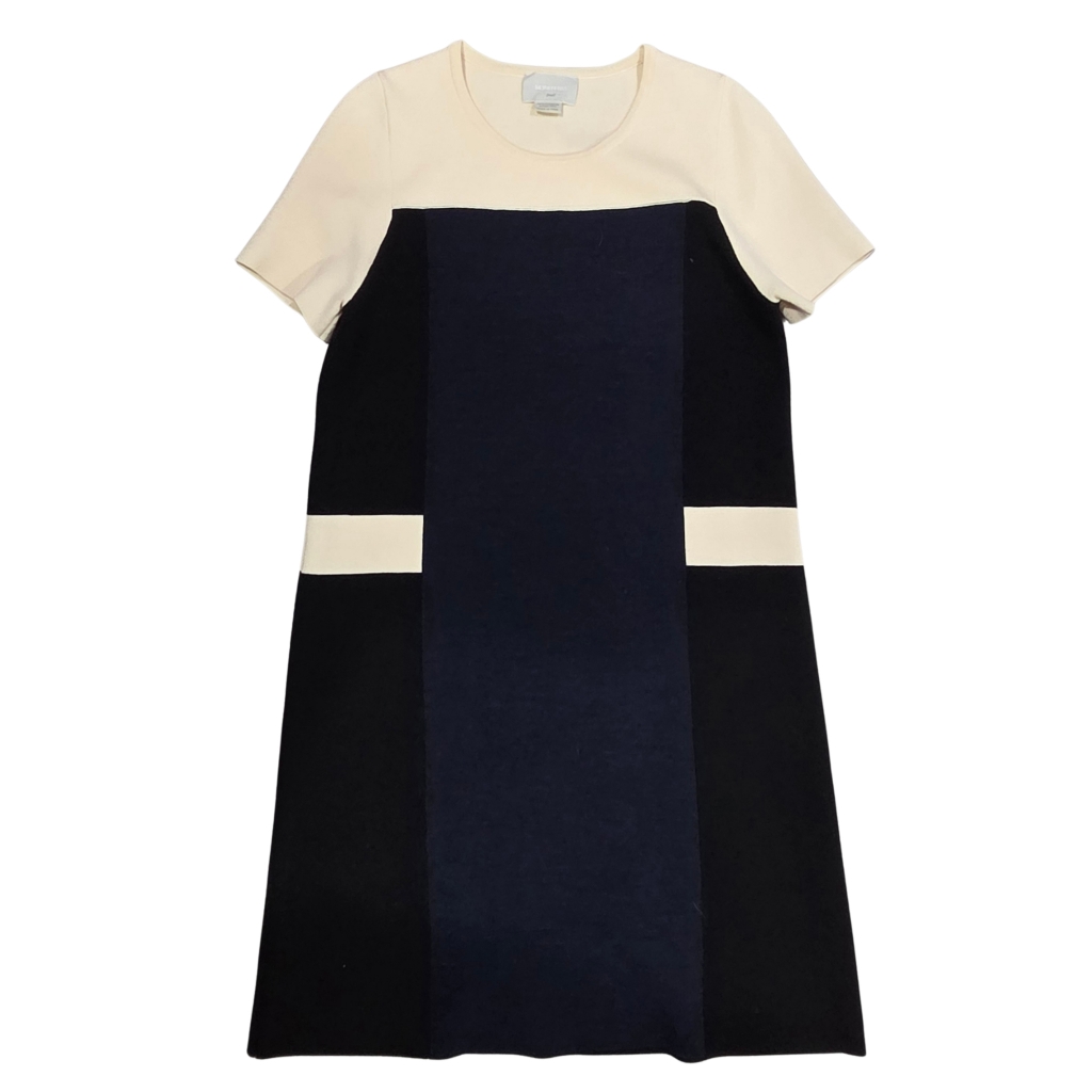 M.Patmos Navy Black Cream Merino Colorblock Short Sleeve A-Line Dress S